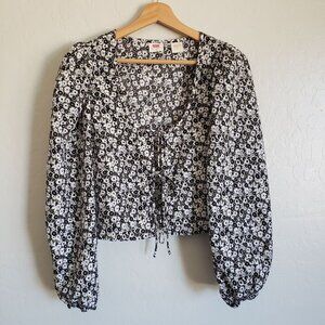 Levi's Embry Tie Front Balloon Sleeve Floral Crop Top Black/White Women's Small